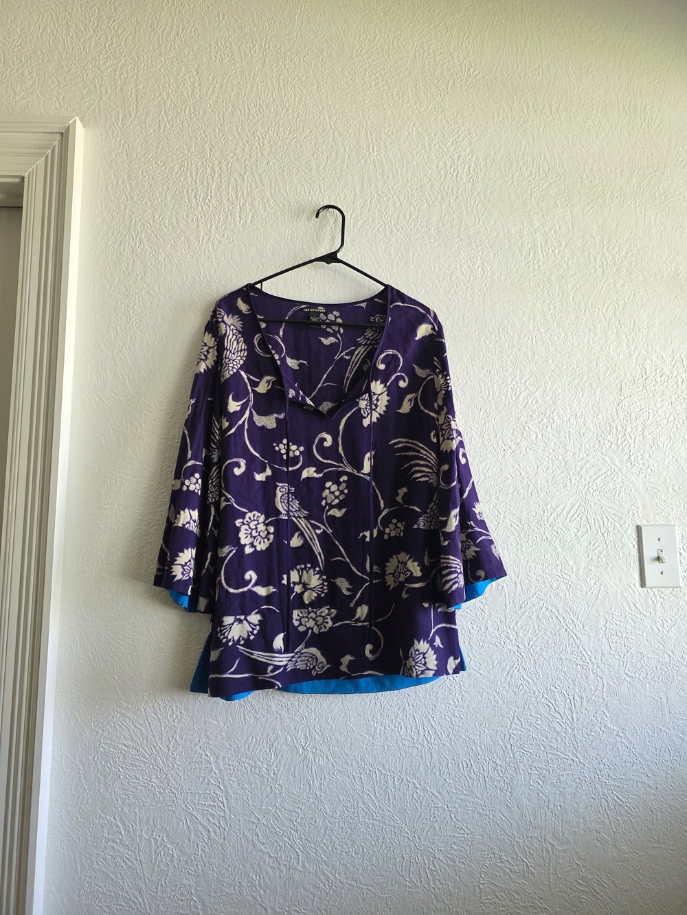 Lucky Brand Purple Floral Tunic with Cream Print and Teal Hem